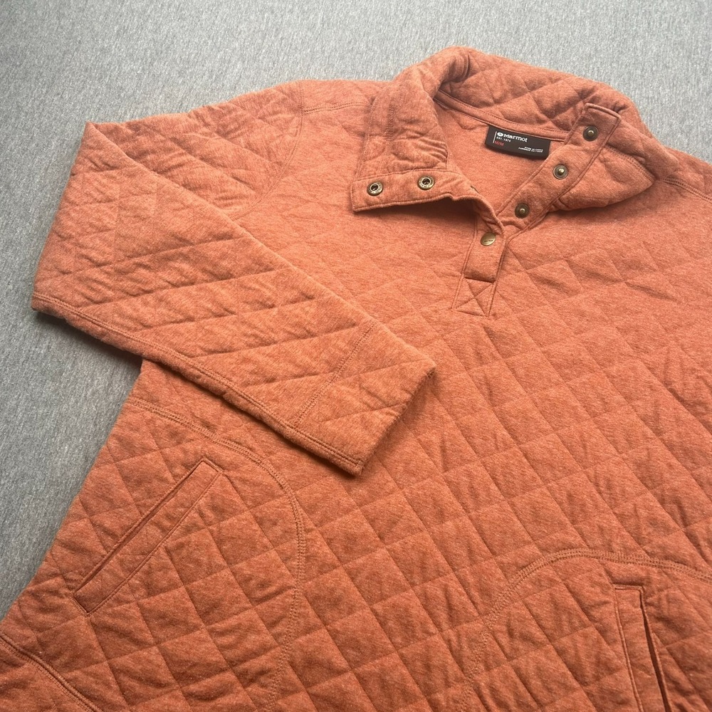 Marmot Quilted Long Sleeve 1/4 Snap Sweatshirt Womens Medium Orange Pockets